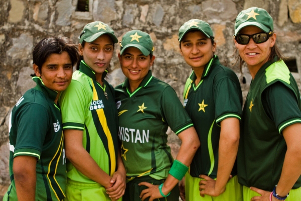 L to R: Sadia Yousaf, Batool Fatima, Sana Mir, Asmavia Iqbal and Qanita Jalil of the Pakistan Women's Cricket Team, featured in "The Other Half of Tomorrow." (Andreas Burgess)