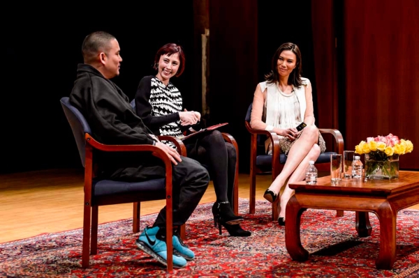 L to R: Video artist Kenzo Digital, Asia Society Museum Director Melissa Chiu, and co-CEO of Big Feet Productions Wendi Murdoch in discussion at Asia Society New York on March 4, 2013. (C. Bay Milin/Asia Society)