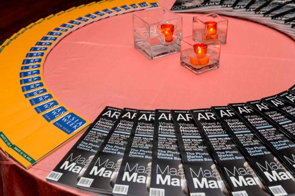 A table with flyers at the event "Viewpoints: Art and Technology: Wendi Murdoch and Kenzo Digital," on March 4, 2013 at Asia Society New York. (C. Bay Milin/Asia Society)
