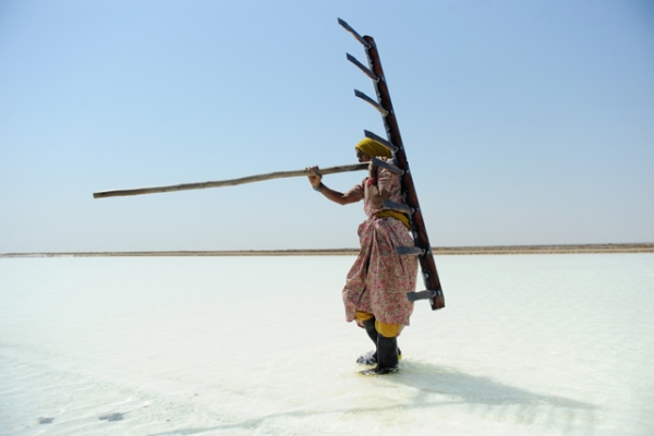 Indian salt worker Walbai Ayyubbhai, 70, carries a rake at a salt pan on the eve of International Women's Day in the Santalpur region of Little Rann of Kutch, India on March 7, 2013. (Sam Panthaky/AFP/Getty Images)