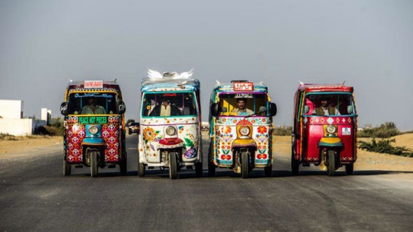 The first batch of "Peace Rickshaws" sponsored by Pakistan Youth Alliance, ready to hit the road in Karachi. (Pakistan Youth Alliance)