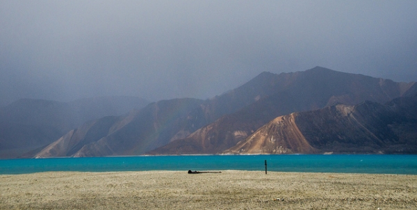 A view of Pangong Tso, Tibetan for "long, narrow, enchanted lake," also referred to as Pangong Lake, which stretches from India to Tibet, on August 13, 2013.