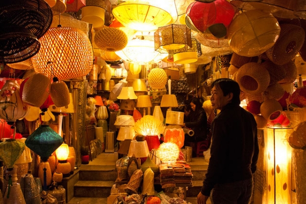 A storefront with an abundant selection of light fixtures shines brightly in Hanoi, Vietnam. (Tiffany Wan/ Flickr)