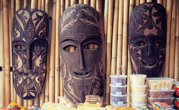 Ornately carved masks decorate a restaurant in Cavite, Philippines on December 26, 2013. (Roberto Verzo/ Flickr)