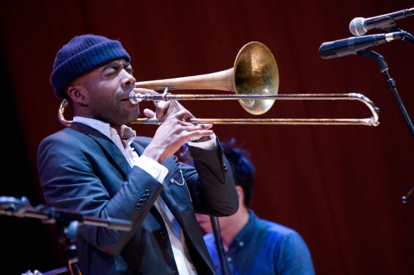 Corey King on trombone. (Elena Olivo/Asia Society) 