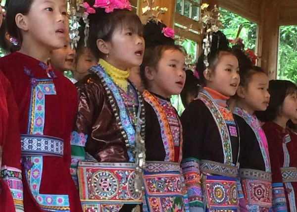 A children's singing lesson in Dimen. The Dong people's singing is part of a centuries-old vocal tradition that was cited as "Intangible Cultural Heritage" by UNESCO in 2009. (Ken Smith) 