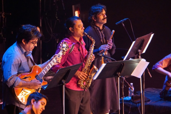 "Song of the Jasmine" is a collaboration between Ragamala Dance and saxophonist Rudresh Mahanthappa (above, center). (Alice Gebura)