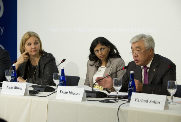 L to R: Asia Society President Josette Sheeran, Assistant Secretary of State for South and Central Asian Affairs Nisha Biswal, and Foreign Minister of Kazakhstan Erlan Idrissov at Asia Society New York on September 23, 2014. 
