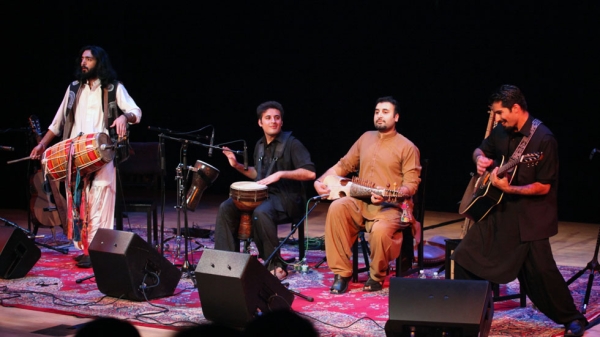The members of Khumariyaan at Asia Society New York on Oct. 12, 2014. L to R: Sparlay Rawail, Shiraz Khan, Farhan Bogra, and Aamer Shafiq. (Ellen Wallop/Asia Society)