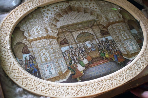 Miniature painting on ivory disk of Mumtaz Mahal's court at the Fakir Khana Museum (Farhan Shah's family museum) in Lahore, Pakistan. (Amna Khawar)