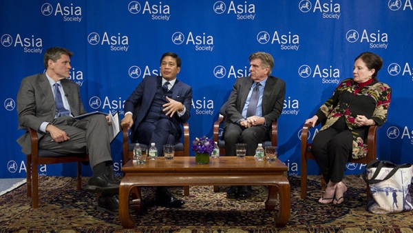 (L to R) Tom Nagorski, Thant Myint-U, Tom Freston, and Priscilla Clapp discuss Myanmar's historic political and economic turnaround at Asia Society New York on April 21, 2015.