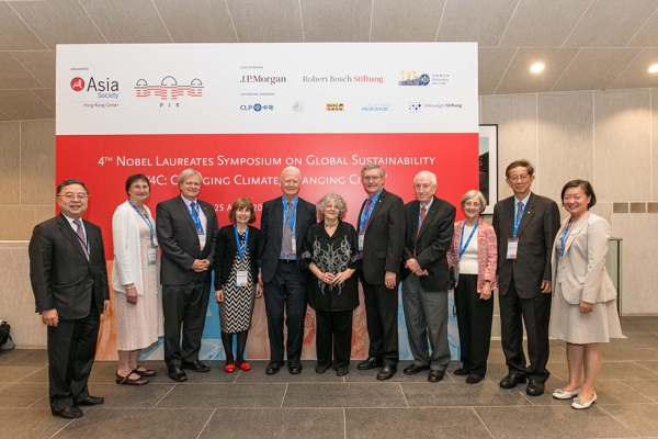 L to R: Ronnie C. Chan, Co-Chair, Asia Society; Sharon Moerner; Brian Schmidt, 2011 Recipient of Nobel Prize in Physics; Lady Patricia Mirrlees; Sir James Mirrless, 1996 Recipient of Nobel Memorial Prize in Economic Sciences; Ada Yonath, 2009 Recipient of Nobel Prize in Chemistry; William Esco Moerner, 2014 Recipient of Nobel Prize in Chemistry; Peter Doherty, 1996 Recipient of Nobel Prize in Physiology or Medicine; Penelope Doherty; Yuan T. Lee, 1986 Recipient of Nobel Prize in Chemistry; and S. Alice Mong