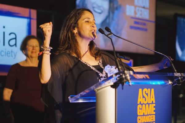 Riverside School founder Kiran Bir Sethi speaks in New York on October 13, 2015 after receiving her Asia Game Changer award, which recognizes those making a transformative and positive difference for the future of Asia and the world. (Jamie Watts/Asia Society)