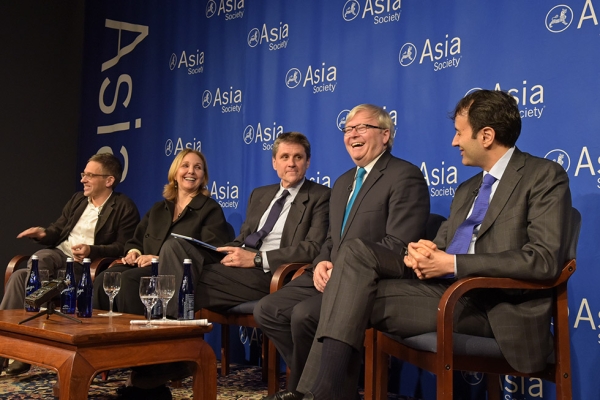 Eurasia Group founder and CEO Ian Bremmer, Asia Society Policy Institute President Kevin Rudd, Asia Society President and CEO Josette Sheeran, and Morgan Stanley Investment's head of Emerging Markets and Global Macro Ruchir Sharma discussed what will shape Asia in 2016. The event, held on December 15, was moderated by the Society’s Executive Vice President Tom Nagorski. (Elsa Ruiz/Asia Society)
