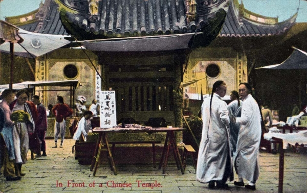 "In Front of a Chinese Temple." 1910-1919. (Chrom. Edit. Kingshill, Shanghai. No. 136/New York Public Library)