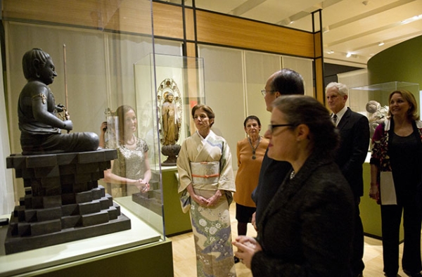 Ambassador Reiichiro Takahashi and Ambassador Caroline Kennedy look at an item on display at Asia Society New York's new exhibition "Kamakura: Realism and Spirituality in the Sculpture of Japan." (Elena Olivo/Asia Society) 