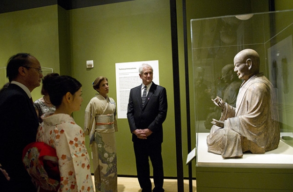 Ambassador Reiichiro Takahashi, Ambassador Caroline Kennedy, and their spouses look at an item on display at Asia Society New York's new exhibition "Kamakura: Realism and Spirituality in the Sculpture of Japan." (Elena Olivo/Asia Society) 