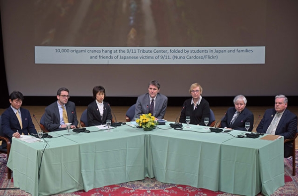 Participants in exchanges between survivors of the 9/11 terror attacks and the 3/11 Great Japan Earthquake and Tsunami share their stories at Asia Society in New York on March 8, 2016. 