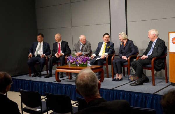 The panelists of “The Art of Collecting,” from left to right: Michael Feng; John Weber; Jack Wadsworth, Asia Society Trustee Emeritus; moderator Boon Hui Tan, Vice President of Global Arts & Cultural Programs and Director of Asia Society Museum; Ann Kinney; and Jim Lally during the event on March 15, 2016. (Asia Society/Elena Olivo)