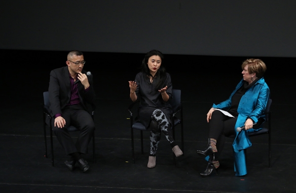 Composer and librettist Huang Ruo and director/designer Jennifer Wen Ma, talk about 'Paradise Interrupted' during a discussion with Rachel Cooper, Director of Global Performing Arts and Special Cultural Initiatives at Asia Society, on April 5, 2016. (Ellen Wallop/Asia Society)