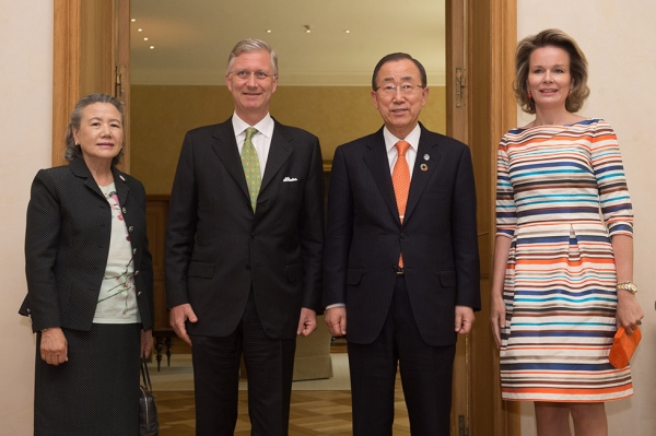 L to R: Madam Yoo (Ban) Soon-taek,  King of the Belgians Philip Leopold Lewis Maria, United Nations Secretary General Ban Ki-Moon, and Queen of the Belgians Mathilde Marie Christiane Ghislaine at the conclusion of the Asia Society Dialogue at the Royal Palace of Brussels on Wednesday, June 15, 2016. (befocus)