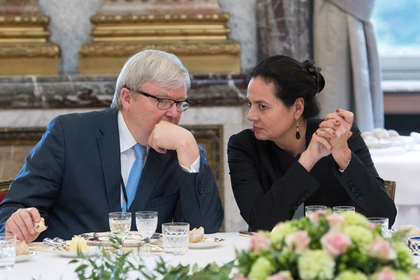 Asia Society Policy Institute President Kevin Rudd chats with Christine Defraigne, President of the Belgian Senate, at the conclusion of the Asia Society Dialogue at the Royal Palace of Brussels on Wednesday, June 15, 2016. (befocus)