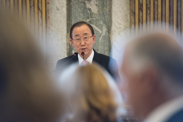 United Nations Secretary General Ban Ki-Moon addresses the crowd at the conclusion of the Asia Society Dialogue at the Royal Palace of Brussels on Wednesday, June 15, 2016. (befocus)