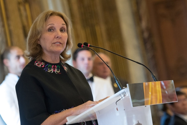 Asia Society President Josette Sheeran speaks at the conclusion of the Asia Society Dialogue at the Royal Palace of Brussels on Wednesday, June 15, 2016. (befocus)