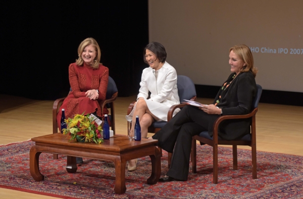 Arianna Huffington, Zhang Xin, and Josette Sheeran enjoy a light moment during a conversation about women in leadership at Asia Society in New York on September 29, 2016. (Elsa Ruiz/Asia Society)