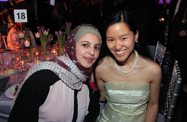 Muzoon Almellehan (L) and Marita Cheng at the Asia Society Asia Game Changers awards at the United Nations in New York on October 27, 2016. (Jamie Watts/Asia Society)