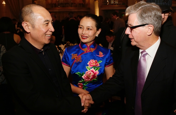 (L-R) Writer, director, and producer, Cao Baoping, Chinese Cultural Attache at the Chinese Consulate in Los Angeles Wang Jin, and Chairman Asia Society Southern California Thomas McLain pose during the 2016 U.S.-China Film Gala Dinner held at the Millennium Biltmore Hotel on November 2, 2016, in Los Angeles, California. (Asia Society/ Capture Imaging)