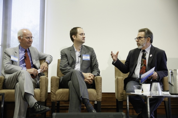 Drobnick, Sean Quinn of HOK, and Andy Lipkis of TreePeople engage in a dialogue during the second panel, "Integrated Solutions for Healthy Urban Water and Air." (Photo by Ryan Miller/Capture Imaging)