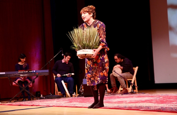 A performer from J-Hoon Musical Ensemble teaches audiences about some of the traditions of Nowruz at Asia Society New York on March 18, 2017. (Ali Yousefian/Asia Society)