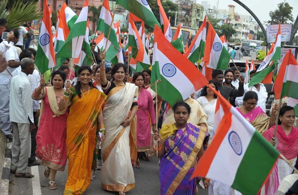 Indian women take part in a rally to mark 70 years since India's independence in Hyderabad on August 12, 2017, ahead of Indian Independence Day on August 15. (Noah Seelam/AFP/Getty)