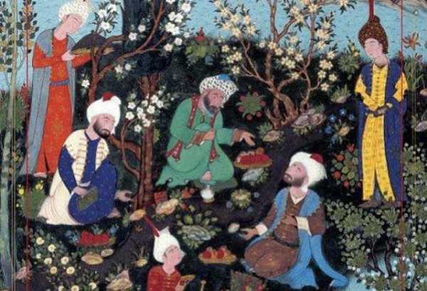 Detail from "Ferdowsi encounters the court poets of Ghazna," from the Shahnameh of Shah Tahmasp, ca. 1532, attributed to Aqa Mirak (Aga Khan Trust for Culture). Featured on the cover of "The World of Persian Literary Humanism" by Hamid Dabashi (Harvard University Press, 2012).
