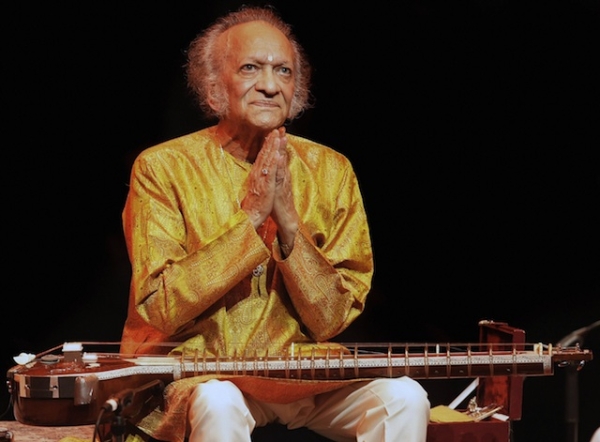 Indian musician Ravi Shankar salutes the audience as he performs on June 4, 2008 during a concert at London's Barbican centre. (Shaun Curry/AFP/Getty Images)