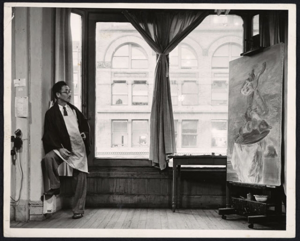Yasuo Kuniyoshi in his studio at 20 East 14th Street in New York City on October 31, 1940. (Max Yavno/W.P.A./Archives of American Art) 