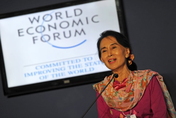 Myanmar democracy leader Aung San Suu Kyi speaking at the World Economic Forum on East Asia, where she declared her intention to run for president, at the Myanmar International Convention Center in Naypyidaw on June 6, 2013. (Soe Than WIN/AFP/Getty Images)