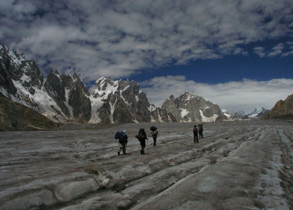 Hikers walk up the Biafo glacier towards Snow Lake in northern Pakistan. (Ben Tubby/Flickr)