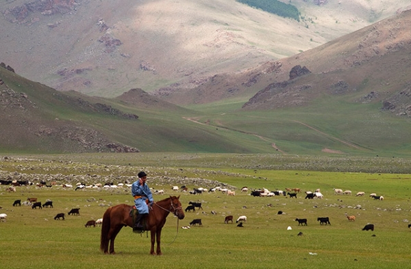 A shepherd in Arhangay, Mongolia chats on a cell phone while tending to his herd. (Flickr/Evgeni Zotov)