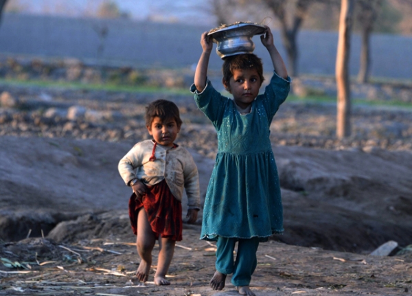 Young Afghan children carry cow dung, to be used as fuel, as they walk on the outskirts of Jalalabad. (Noorullah Shirzada/AFP/Getty Images)