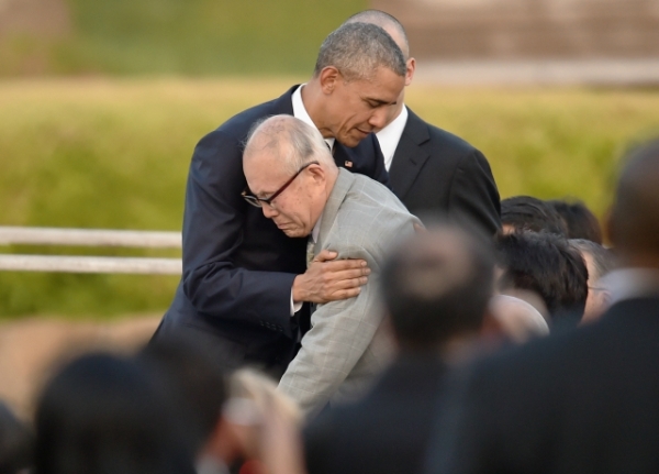 U.S. President Barack Obama embraces atomic bomb survivor Shigeaki Mori during his visit to the Hiroshima Peace Memorial Park on May 27, 2016 in Hiroshima, Japan. (Atsushi Tomura/Getty Images)