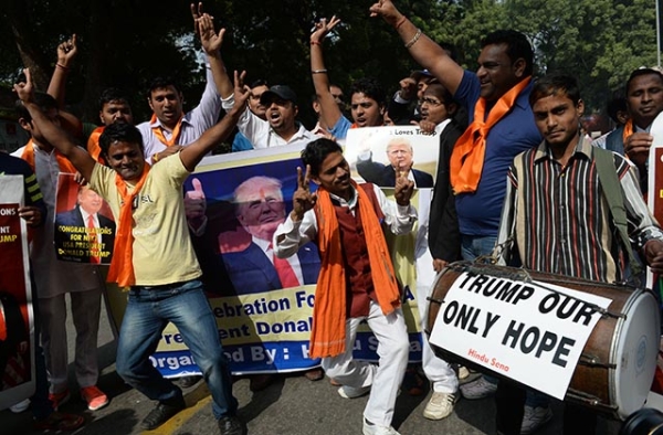 Right-wing activists of India's Hindu Sena celebrate Donald Trump's victory in the U.S. presidential elections in New Delhi on November 9, 2016. (Prakash Singh/AFP/Getty Images)