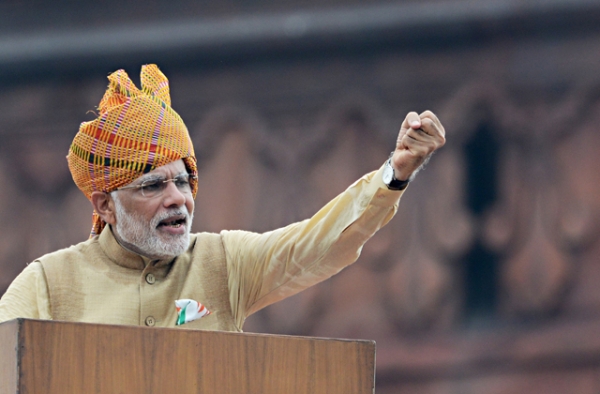 Indian Prime Minister Narendra Modi gestures as he delivers his Independence Day speech from The Red Fort in New Delhi on August 15, 2015. (Roberto Schmidt/AFP/Getty Images)