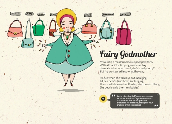 On this website, the Fairy Godmother is a cat lady who uses handbags to fill the void in her life left by not having children. (thesingaporeanfairytale.com)