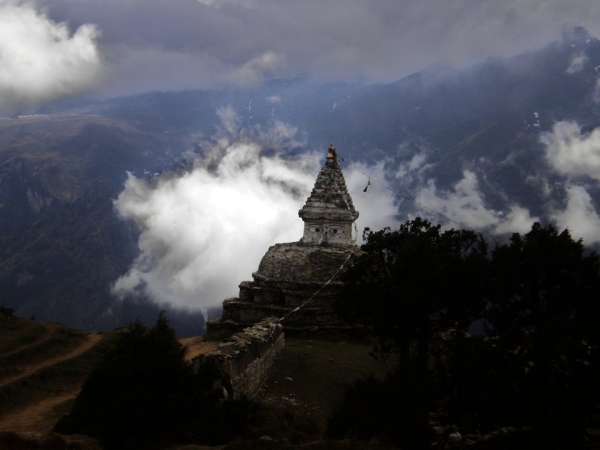 On the return journey, a stupa near Namche competes with the grandeur of the surrounding mountains. Trekkers are quick to emulate Sherpa tradition and walk to the left of these shrines even if doing so entails a longer or steeper climb. (Chandani Punia)