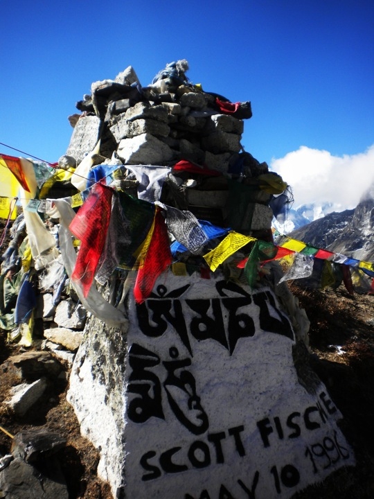 A memorial cairn for the American climber Scott Fischer, who died in the 1996 Everest disaster chronicled in Jon Krakauer&apos;s book &lt;i&gt;Into Thin Air&lt;/i&gt;, rests at the top a hill near Lobuche (16,082 ft/4,901 m). Hundreds of memorials to climbers who lost their lives dot the landscape at this altitude. (Chandani Punia)