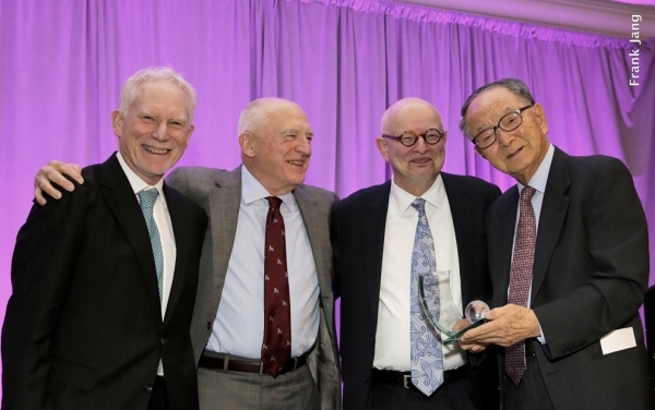 (From left to right) ASNC's Executive Director, Bruce Pickering and ASNC Advisory Board Co-Chairs, Jack Wadsworth and Kenneth P. Wilcox, present the Leadership and Excellence Award in Philanthropy to Chong-Moon Lee, Chairman Emeritus, ASNC (Frank Jang Asia Society)