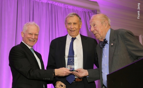 ASNC's Executive Director, Bruce Pickering (left) and ASNC Honorary Chairman, Honorable George Shultz (right) present a Leadership and Excellence Award in Philanthropy to ASNC Advisory Board Member, Richard C. Blum (Frank Jang Asia Society)