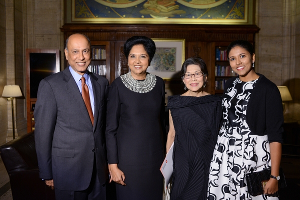 Indra Nooyi and family pose with Asia Society global co-chair Ambassador Chan Hang Chee